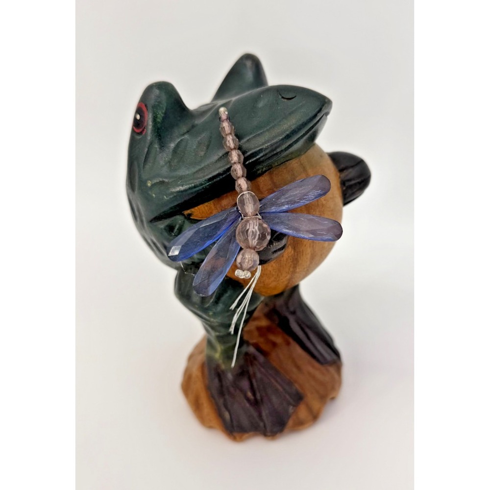 Hand Carved Wooden Frog Figurine Holding Dragonfly‎ Rustic Folk Art Decor